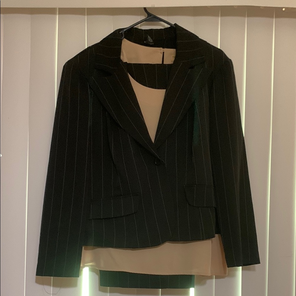 Black Pinstripe Blazer with Beige Top